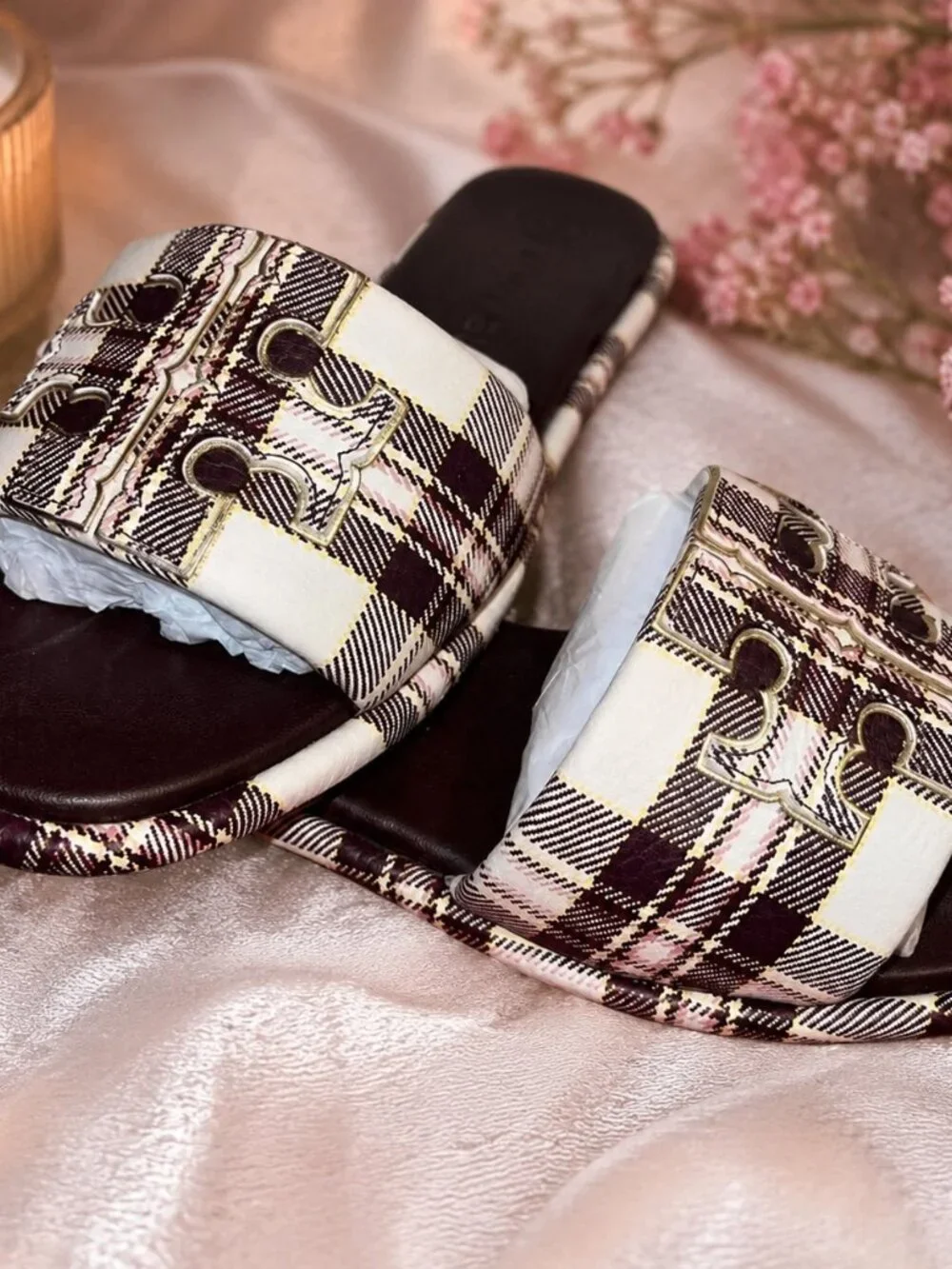 TORY BURCH Double T Plaid Logo Slide Sandal - Brown/Cream/Gold